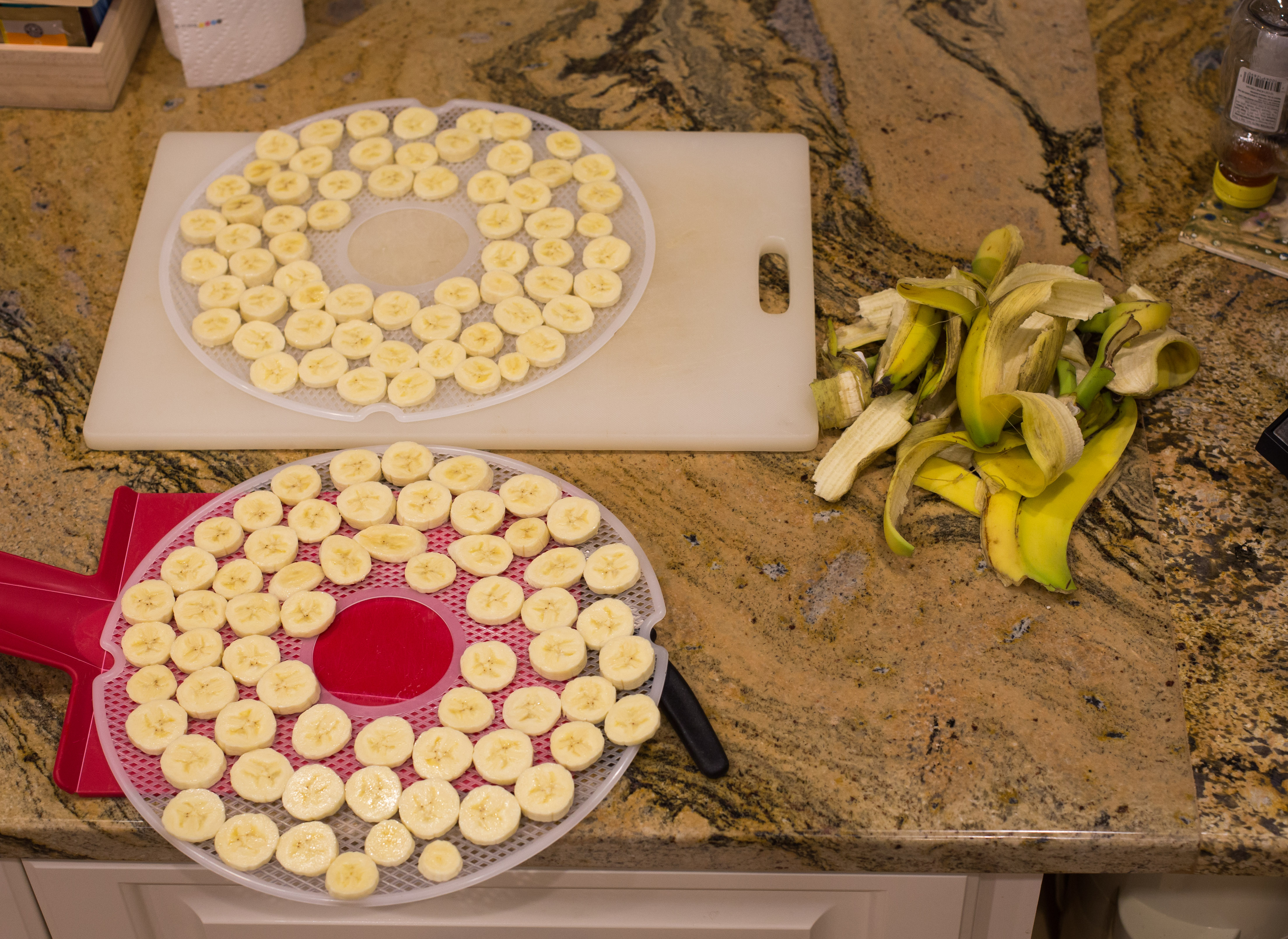 Bananas sliced and ready for the dehydrator